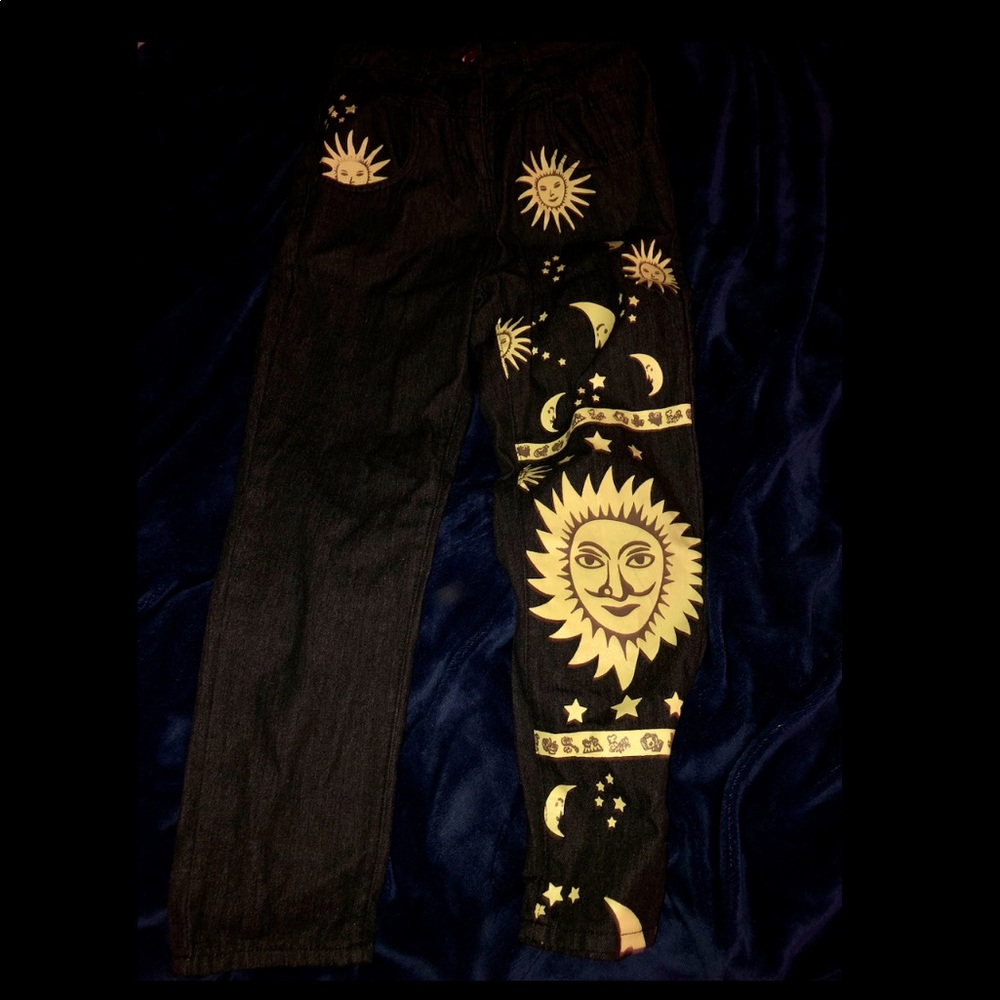 handmade sun moon print black mom jeans NWOT